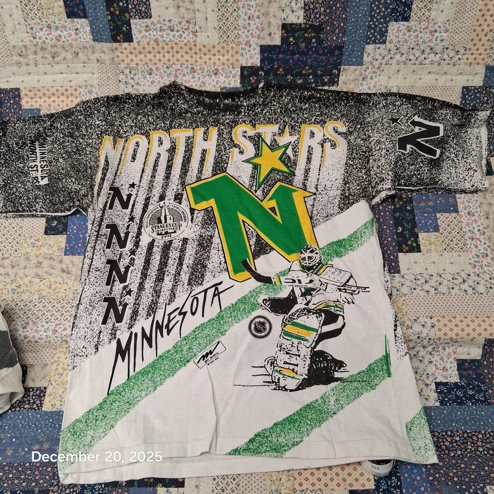 Minnesota North Stars 91 Champion AOP Single Stitch Shirt Sz Large Retro Reverse